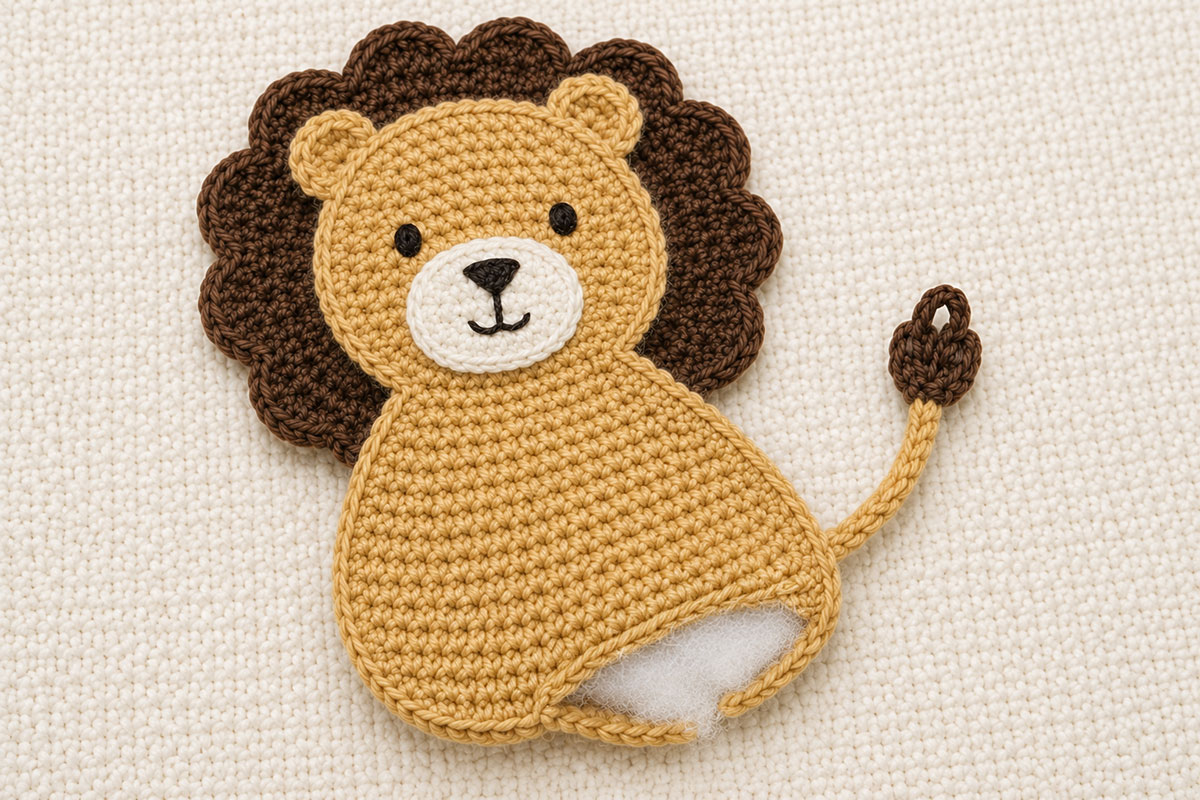 Crochet lion applique partially joined with a small lower opening for adding a thin layer of fiberfill