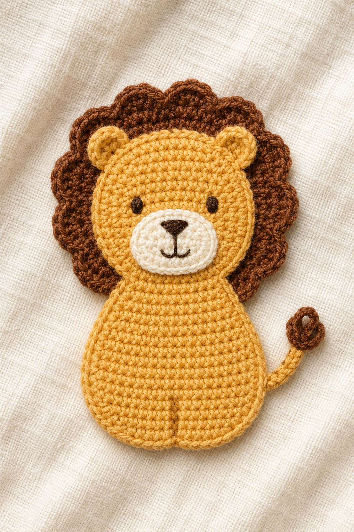 Crochet lion applique with golden tan body scalloped mane cream muzzle and embroidered face