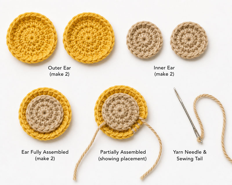 Crochet lion ear assembly showing tan inner ear attached to yellow outer ear