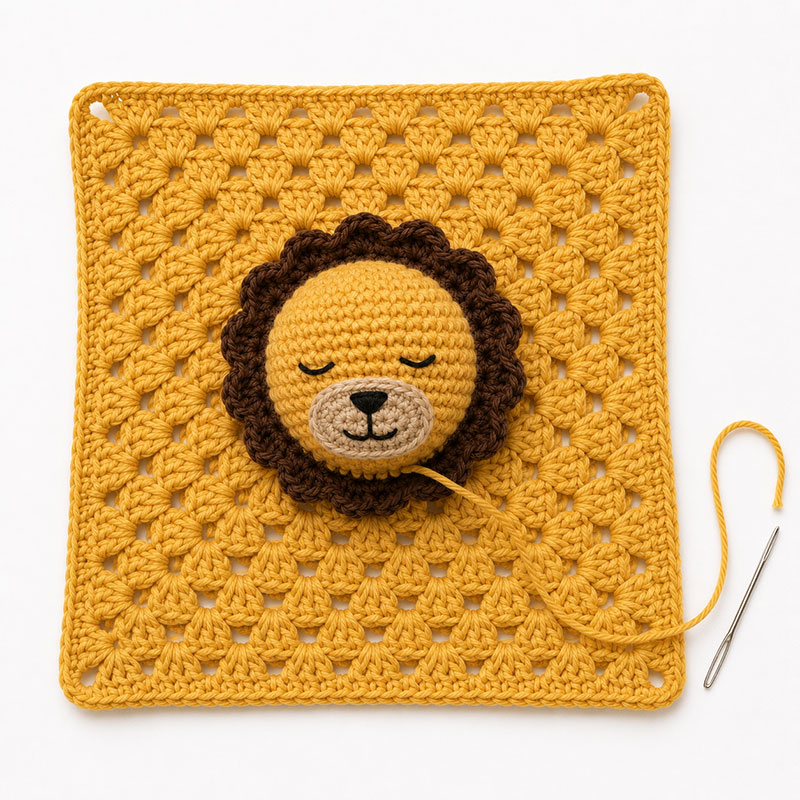 Crochet lion head securely attached to the center of a granny square lovey blanket