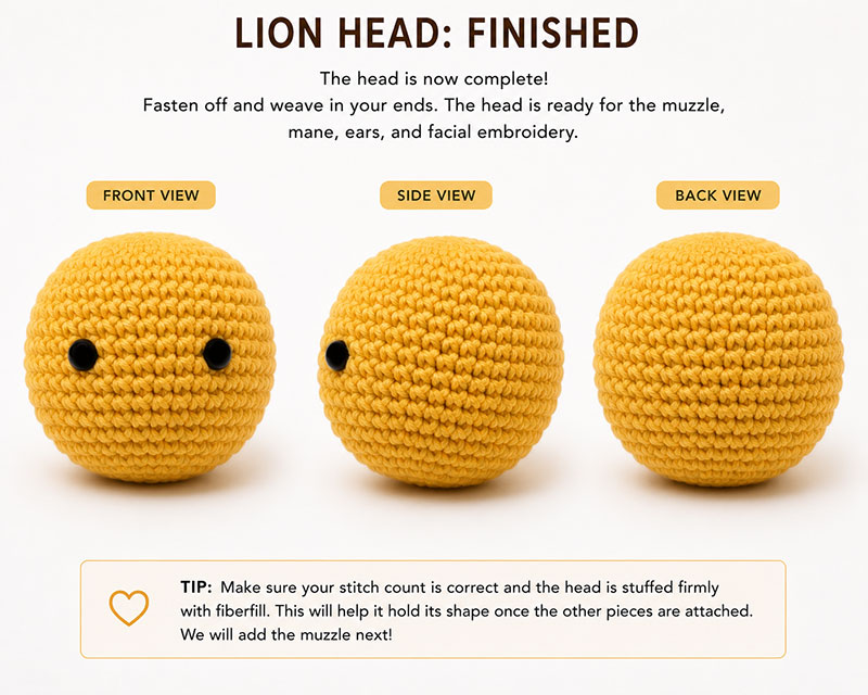 Finished crochet lion head ready for ears muzzle and mane