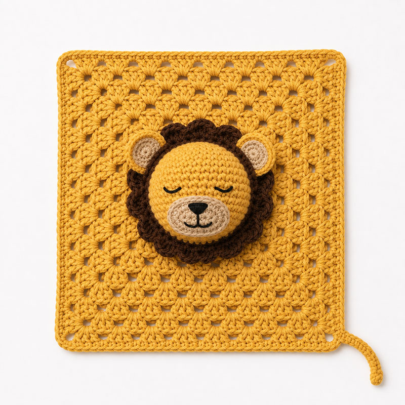 Finished crochet lion lovey pattern with granny square blanket, lion head, mane, ears, muzzle and tail