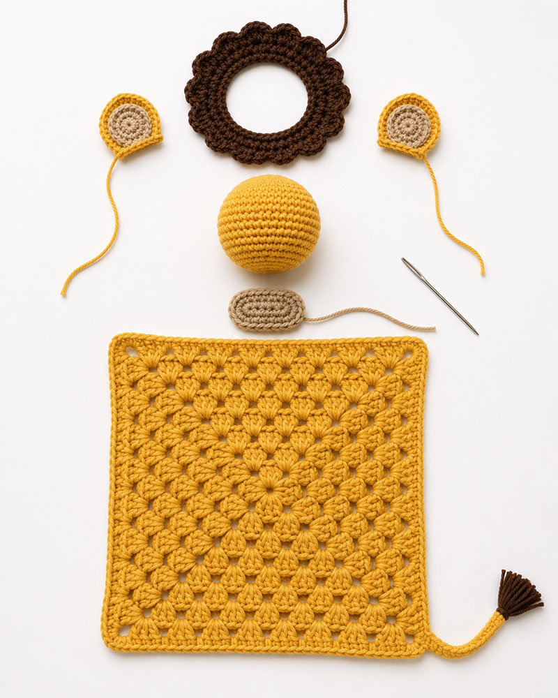 Crochet lion lovey pieces arranged before assembly including head, muzzle, ears, mane and blanket