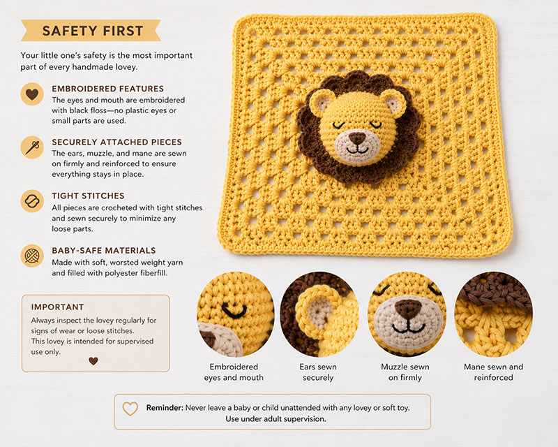 Crochet lion lovey baby safety details showing embroidered eyes, securely sewn ears, stitched mane and attached muzzle