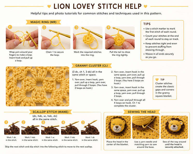 Beginner crochet stitch help for lion lovey pattern showing magic ring, stitch marker placement and single crochet decrease