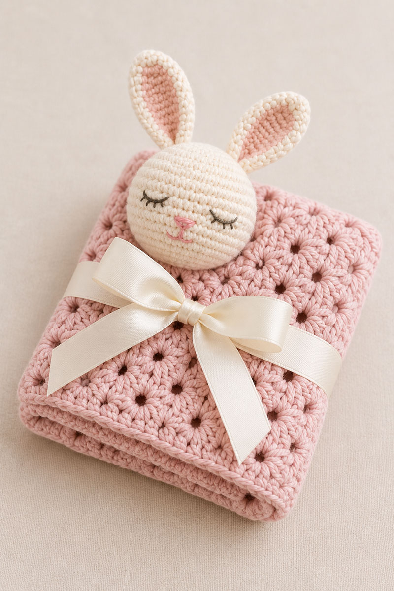 crochet bunny baby lovey folded as a handmade baby shower gift