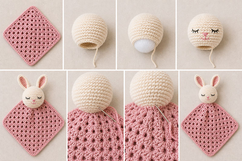crochet lovey assembly with blanket base and attached animal head