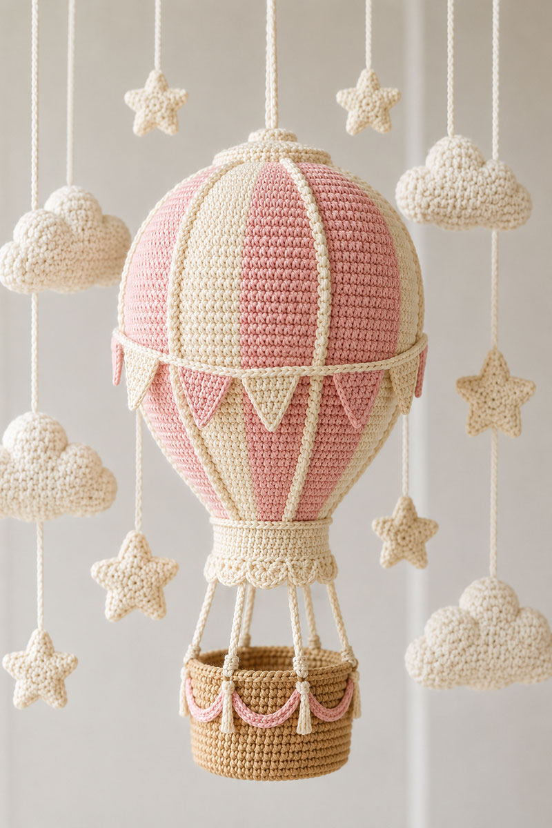 Crochet clouds and small white stars for a handmade hot air balloon baby mobile