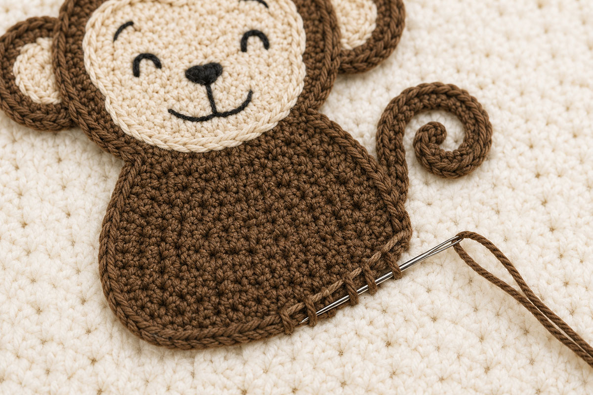 Close-up of brown crochet monkey applique edge being whipstitched securely to a cream baby blanket with matching yarn