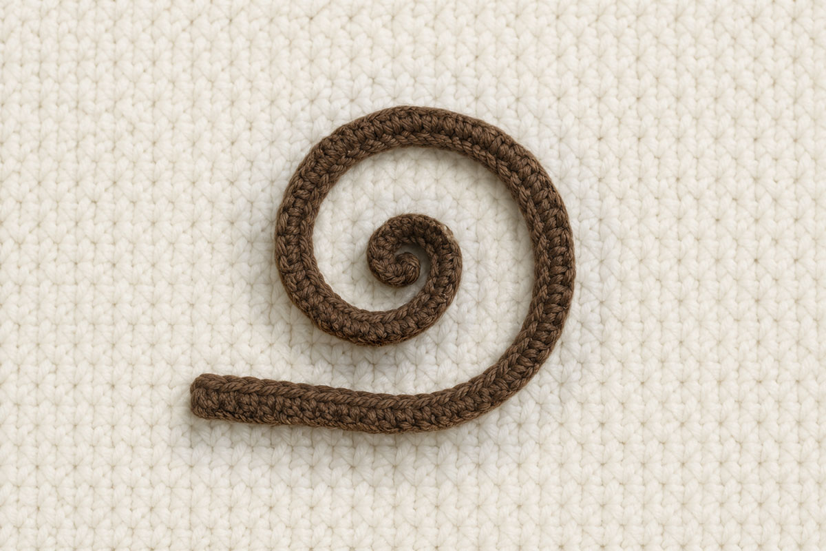 Medium brown crochet monkey tail shaped into an open spiral with a short straight attachment base