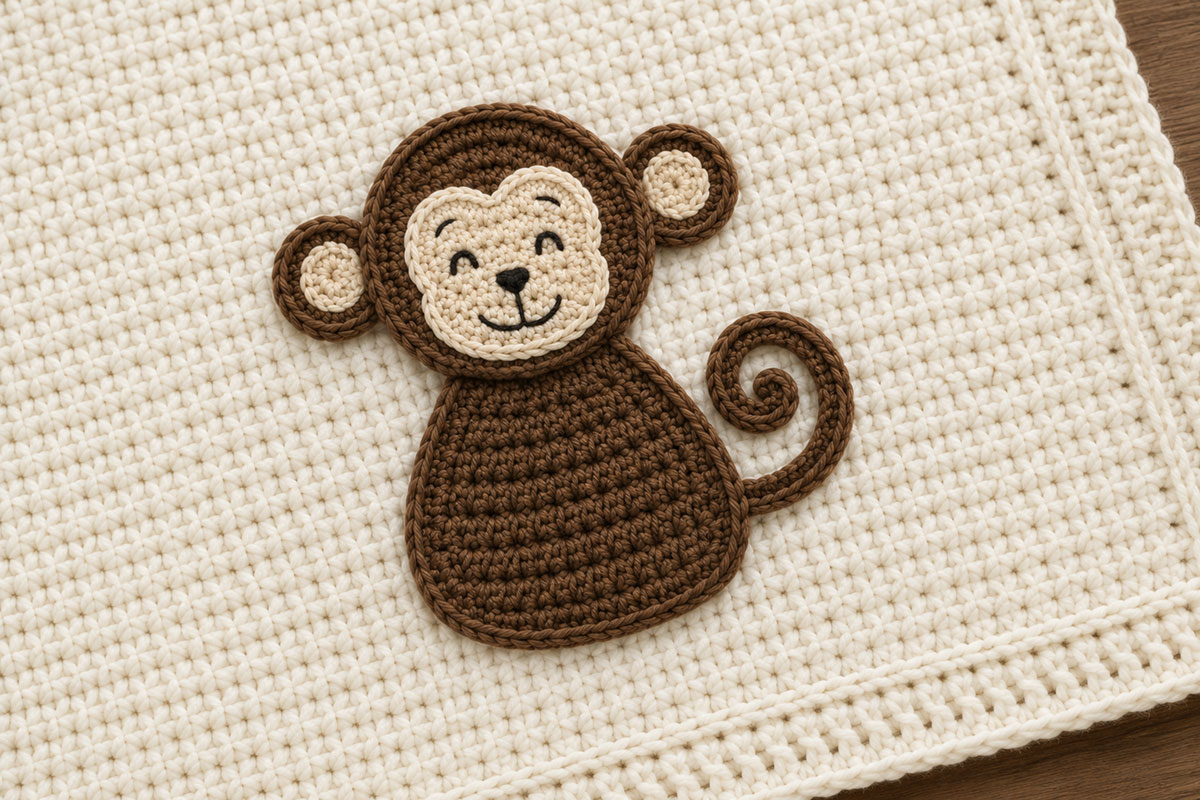Finished crochet monkey applique securely sewn to a handmade baby blanket with ears and curled tail tacked down