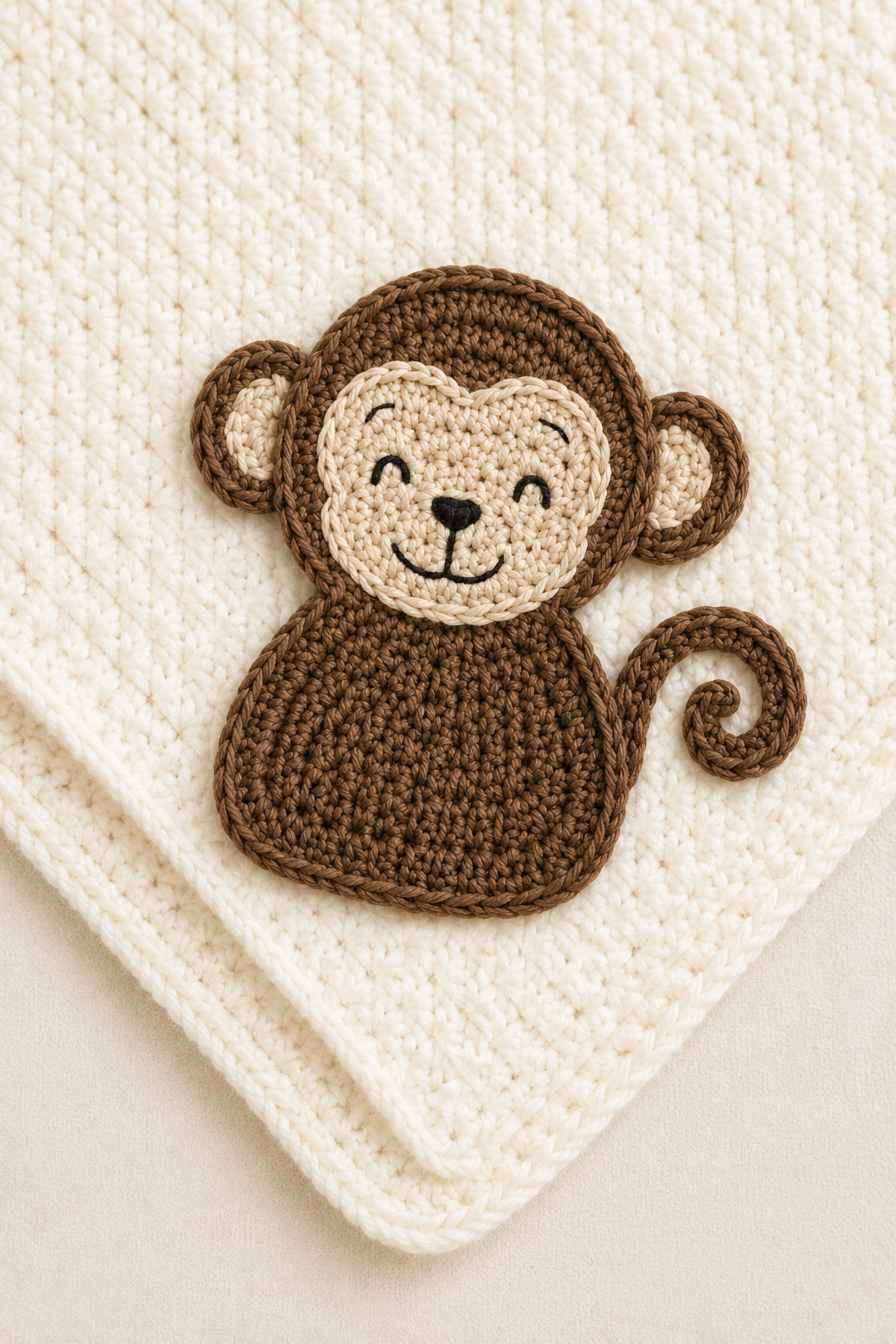 Crochet monkey applique pattern with curled tail and embroidered face for baby blankets and safari nursery projects