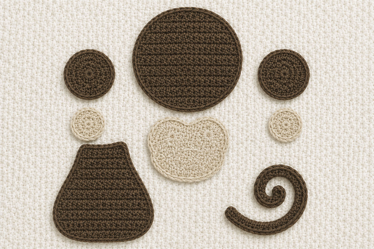 Separate crochet monkey applique pieces including brown body round head two ears cream face patch inner ears and curled tail before assembly