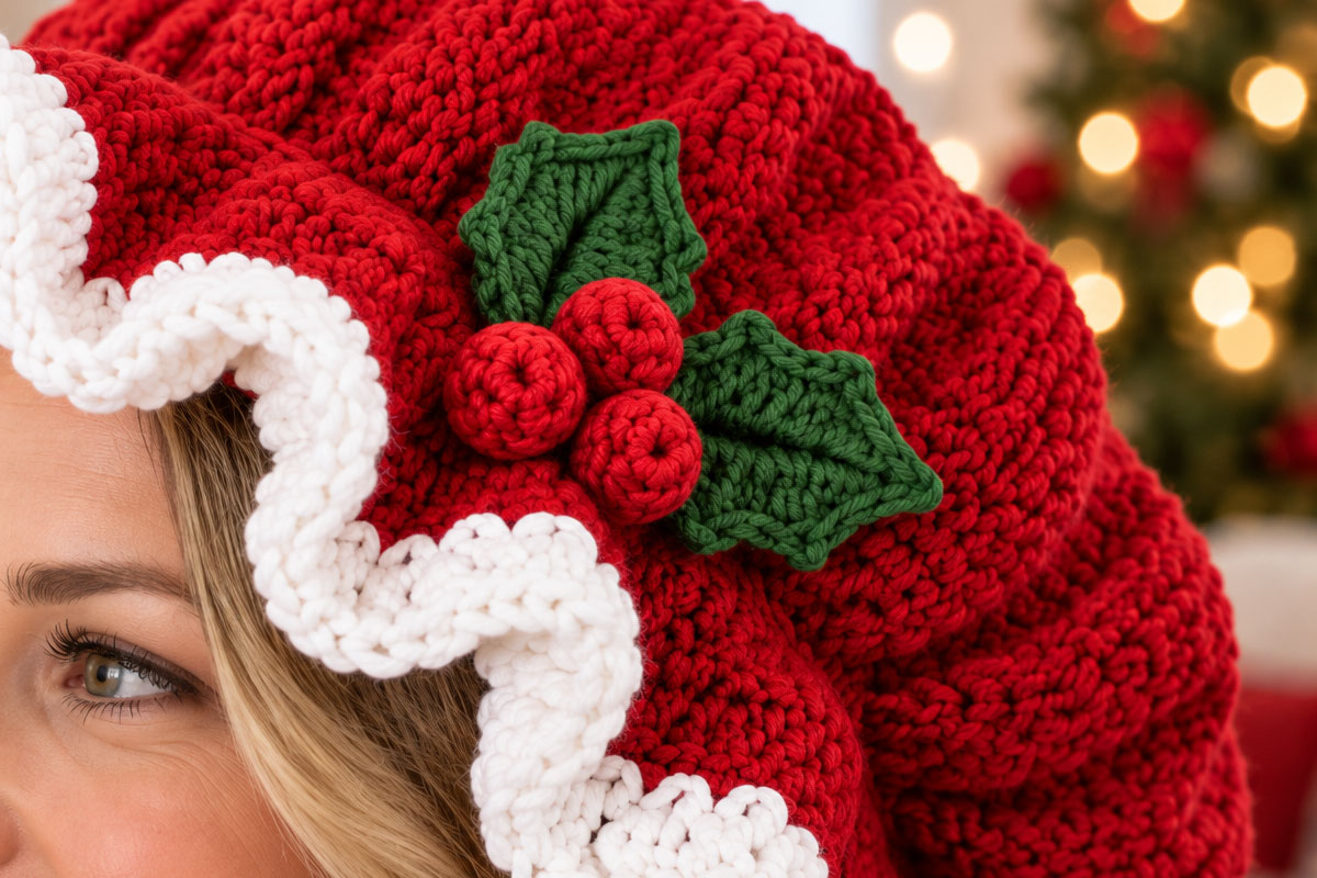 Crochet Mrs Claus hat detail showing the white scalloped ruffle two dark green holly leaves and three red crochet berries