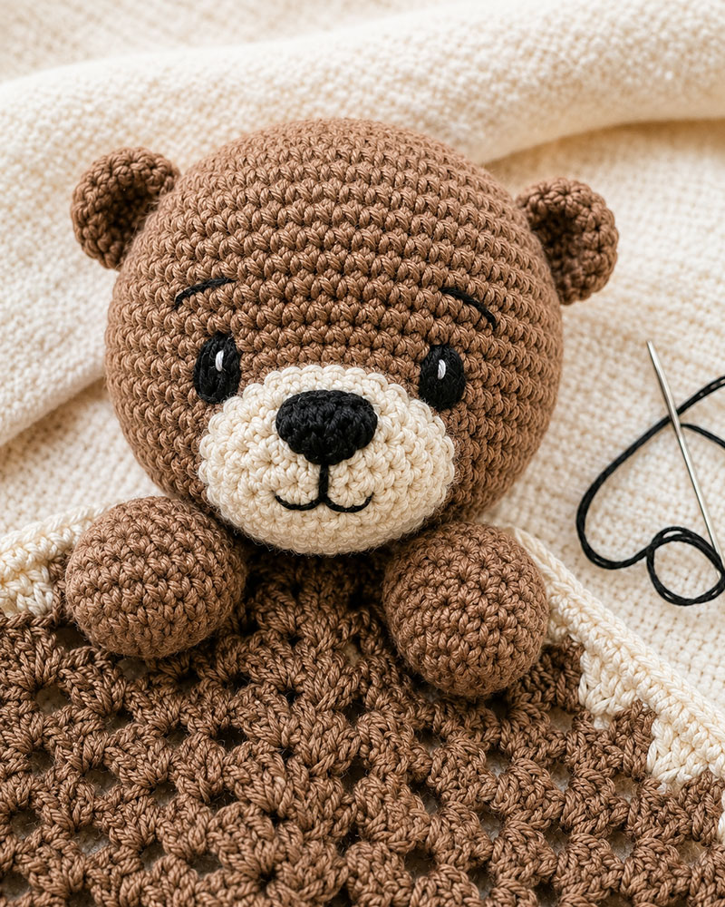 Embroidering the face on a crochet otter lovey head