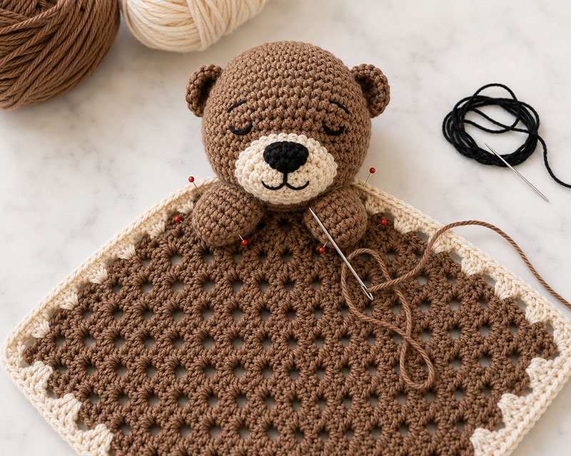 Assembling a crochet otter lovey by attaching the head and paws to the blanket