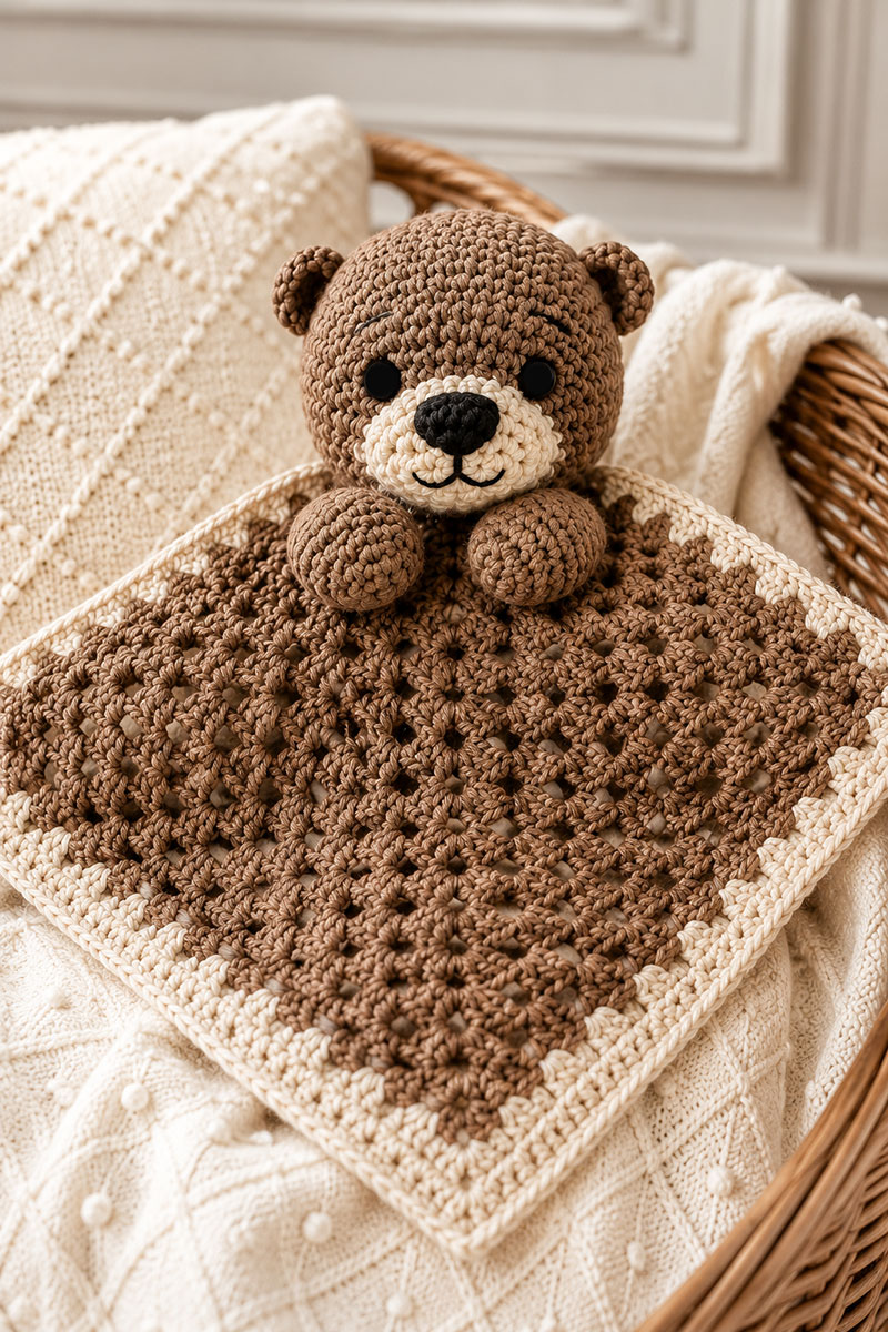 Close view of a crochet otter lovey showing embroidered face, rounded ears and textured stitches