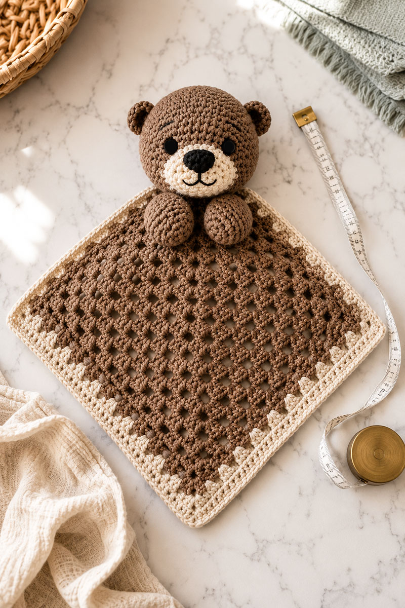 Crochet otter lovey laid flat showing finished dimensions
