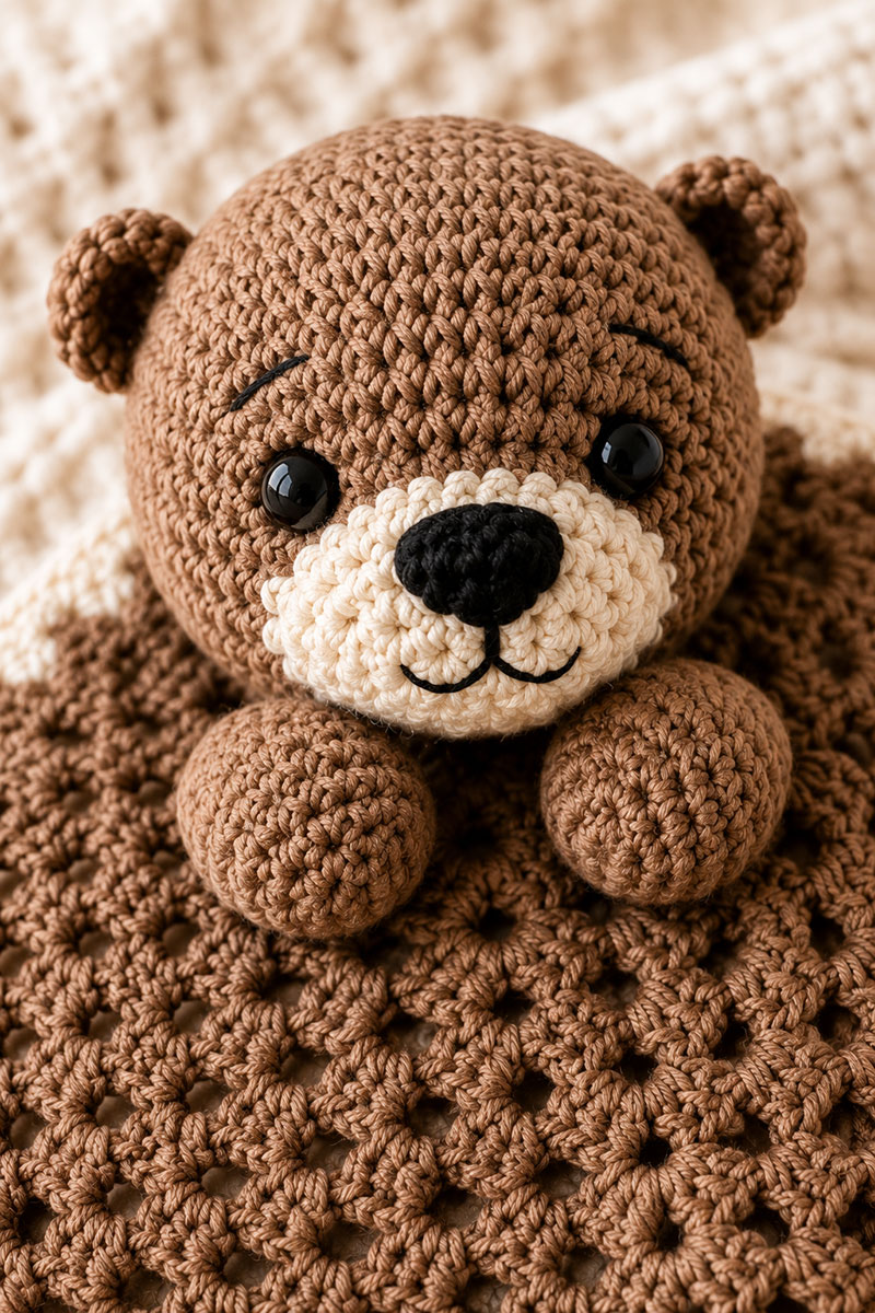 Close view showing the crochet otter lovey muzzle ears and embroidered facial details
