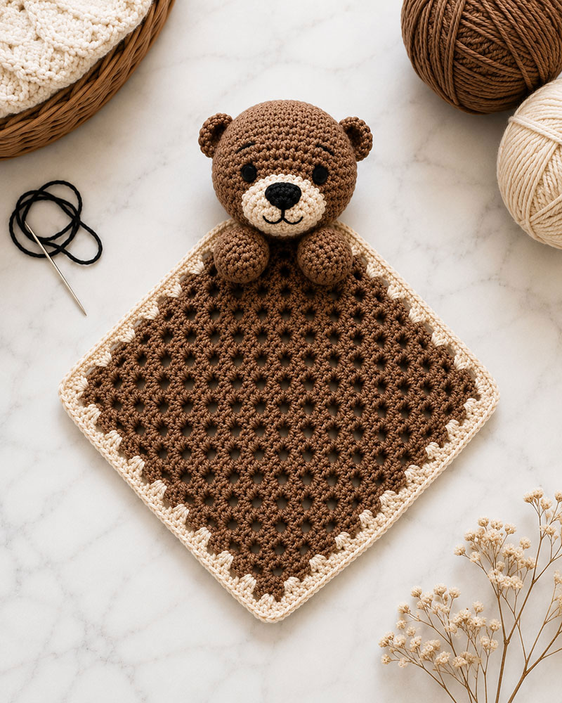 Crochet otter lovey lying flat after assembly showing the complete baby security blanket