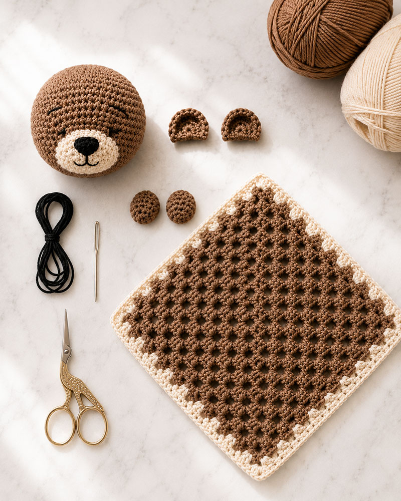 Crochet otter lovey parts laid out before assembly with head muzzle ears paws and blanket body