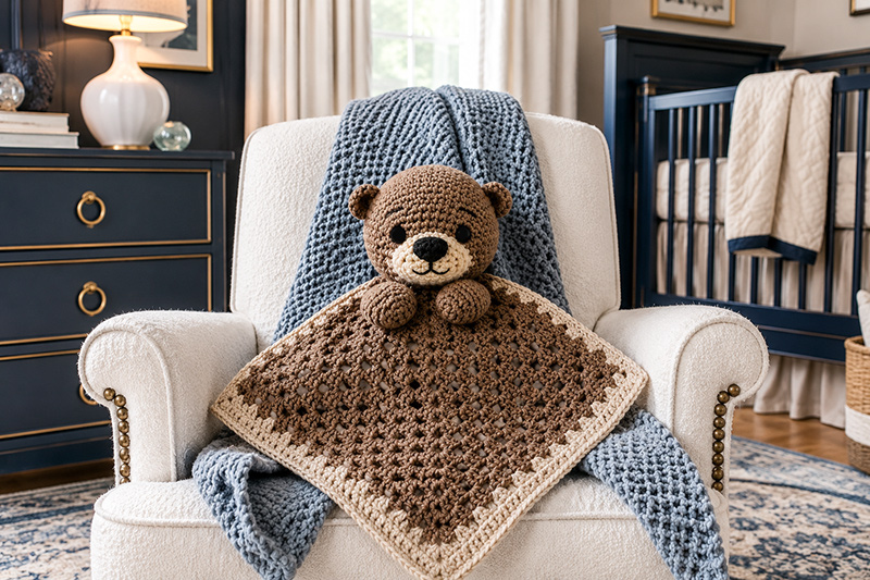 Crochet otter lovey pattern with soft baby security blanket body