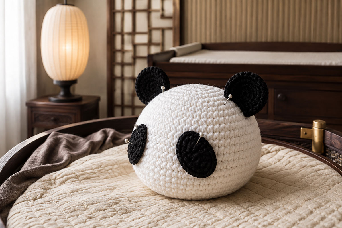 Black and white crochet panda head shown at a three-quarter angle with black eye patches positioned on the face and round black ears standing upright on their edges before final sewing