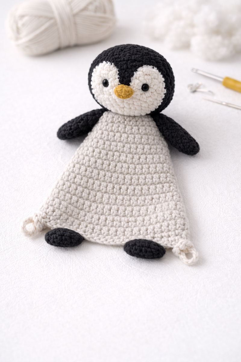 Crochet penguin lovey body worked from the head with visible rows and four looped corners