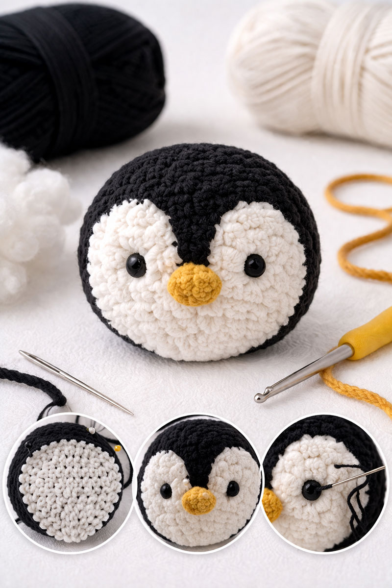 Crochet penguin face with shaped white patch stitched eyes and small rounded beak