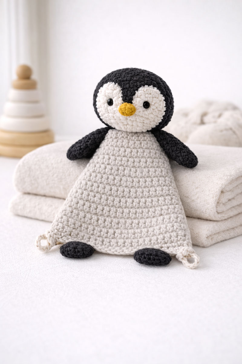 Finished crochet penguin lovey with balanced head slim wings flat feet and looped snuggler body