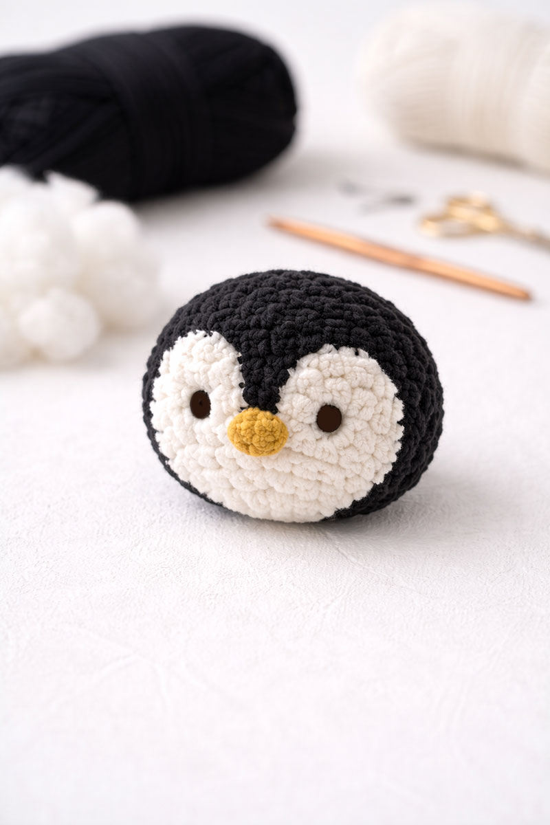 Crochet penguin head with visible stitch detail and smooth round shaping