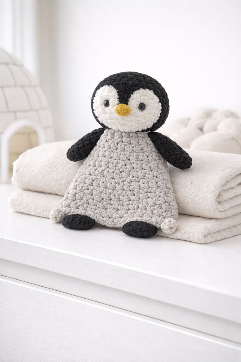 Crochet penguin lovey pattern with visible stitches and compact snuggler body with loop corners