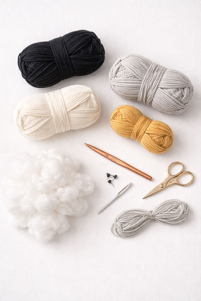 Supplies for a crochet penguin lovey pattern including worsted yarn hook stuffing and needle
