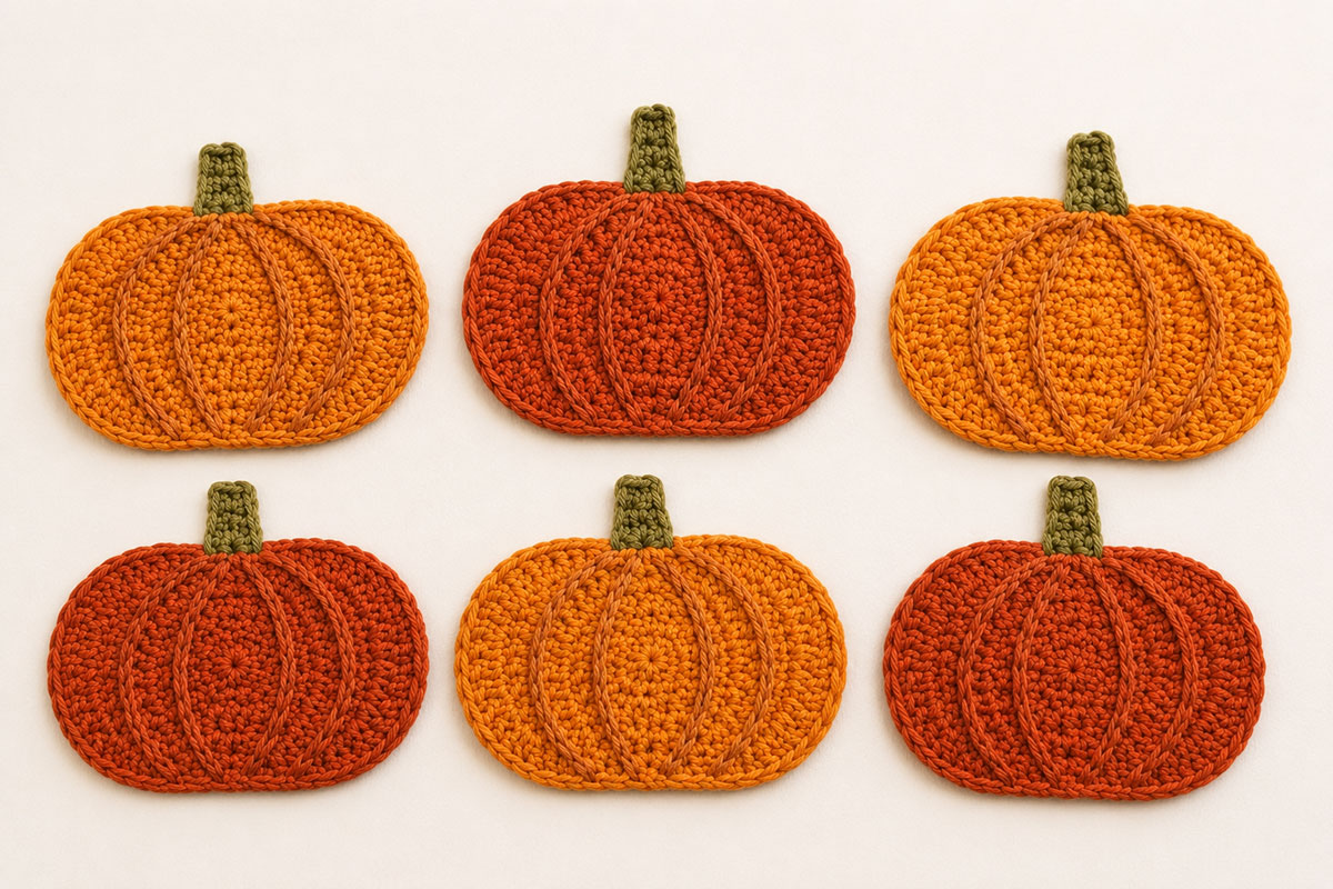 Six flat crochet pumpkin appliqués with green stems and embroidered ridges arranged beside a cream baby blanket