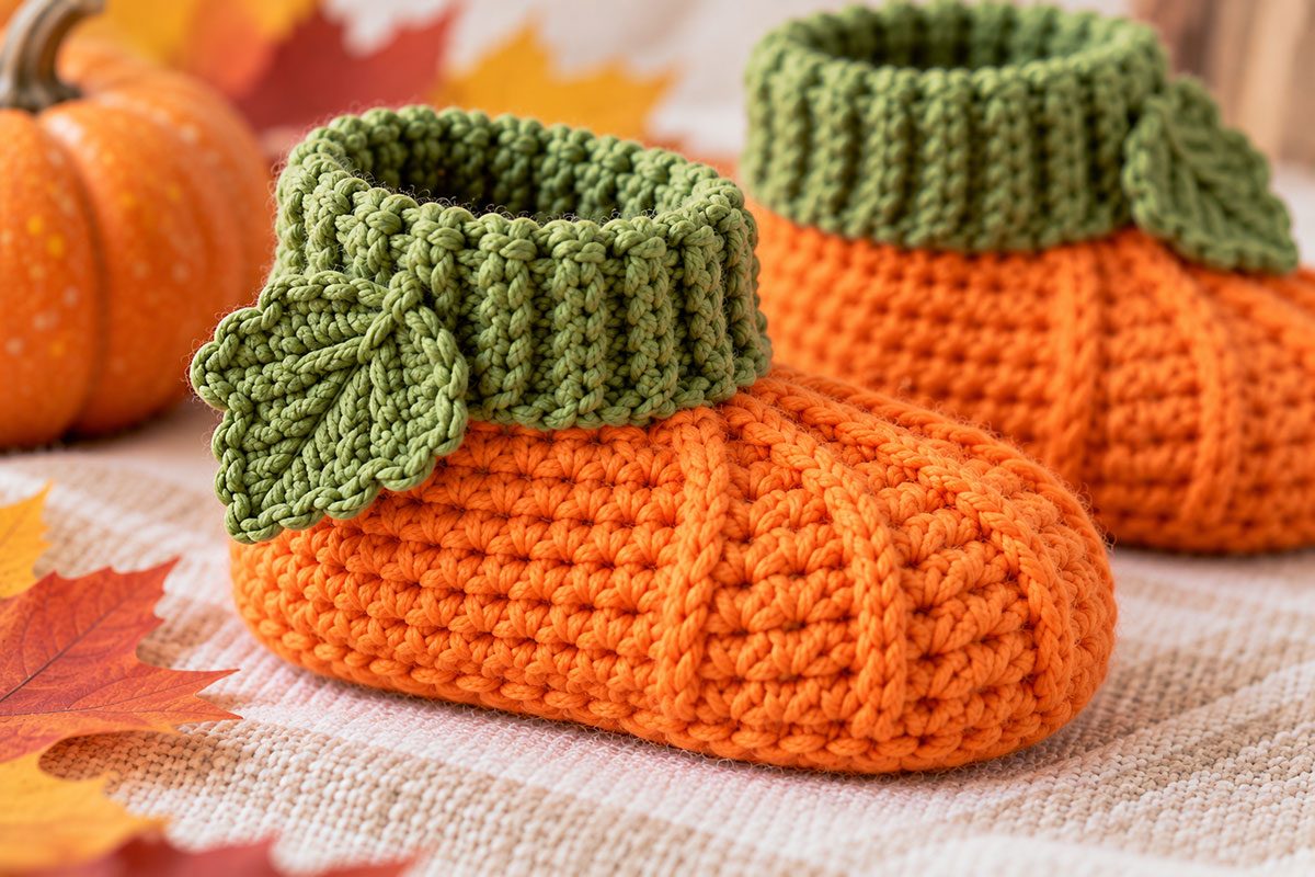 Detail of the short olive green ribbed cuff and one flat crochet leaf attached at the outside ankle of an orange pumpkin baby bootie