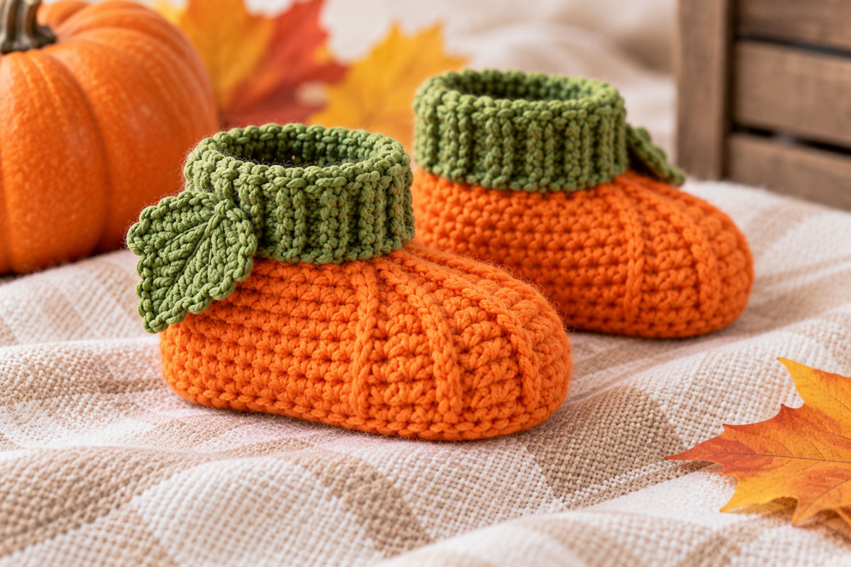 Side view of an orange crochet pumpkin baby bootie showing the elongated sole defined heel rounded toe green ribbed cuff and small leaf at the ankle