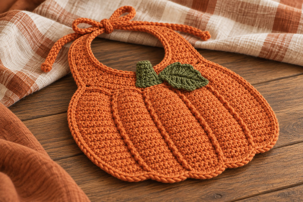 Side angle of the crochet pumpkin baby bib showing five separately crocheted raised orange lobes and the recessed joins between them