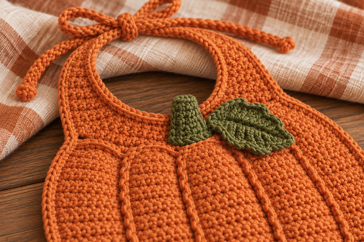 Close angled view of the finished crochet pumpkin bib showing the olive green stem leaf curved neckline and raised orange pumpkin lobes