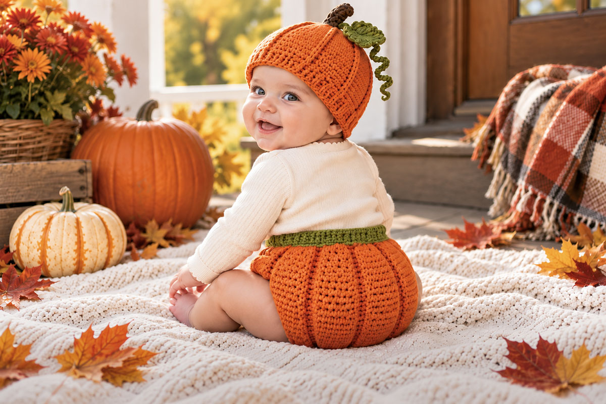 Baby wearing the orange crochet pumpkin diaper cover from a three-quarter back view showing the rounded pumpkin sections and raised vertical ribs