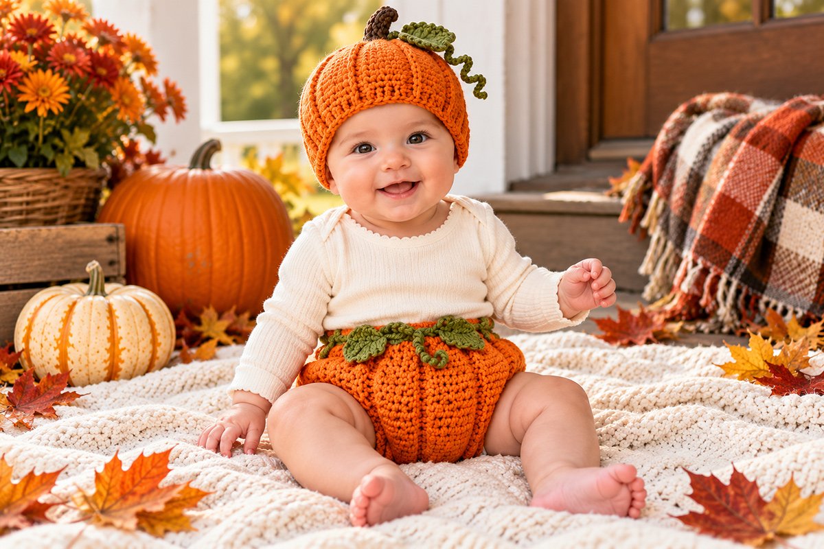 Baby wearing an orange crochet pumpkin diaper cover with ribbed pumpkin shaping, green leaf waistband and matching pumpkin hat in a fall setting