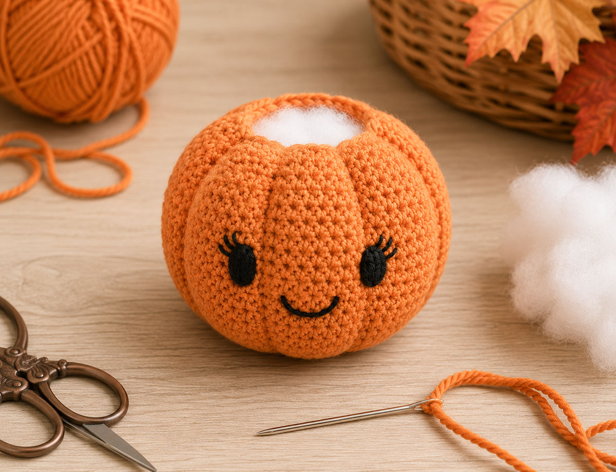 Stuffed crochet pumpkin head with embroidered satin-stitch eyes, stitched eyelashes, smile and defined pumpkin shaping