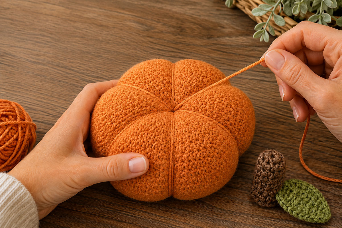 Stuffed orange crochet pumpkin being shaped into six sections with orange yarn passed from the center over the ribbed body