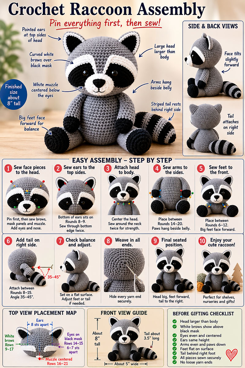 Finished seated crochet raccoon with large head black paws round feet and striped tail