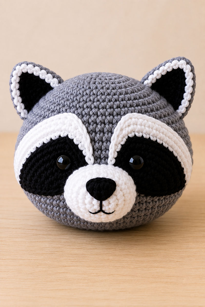Crochet raccoon face with curved white brow patches black mask panels and raised muzzle