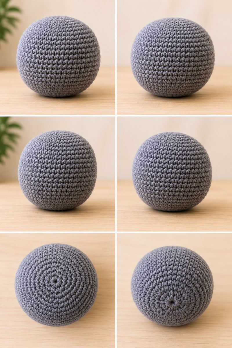 Large round gray crochet raccoon head before face pieces are sewn on