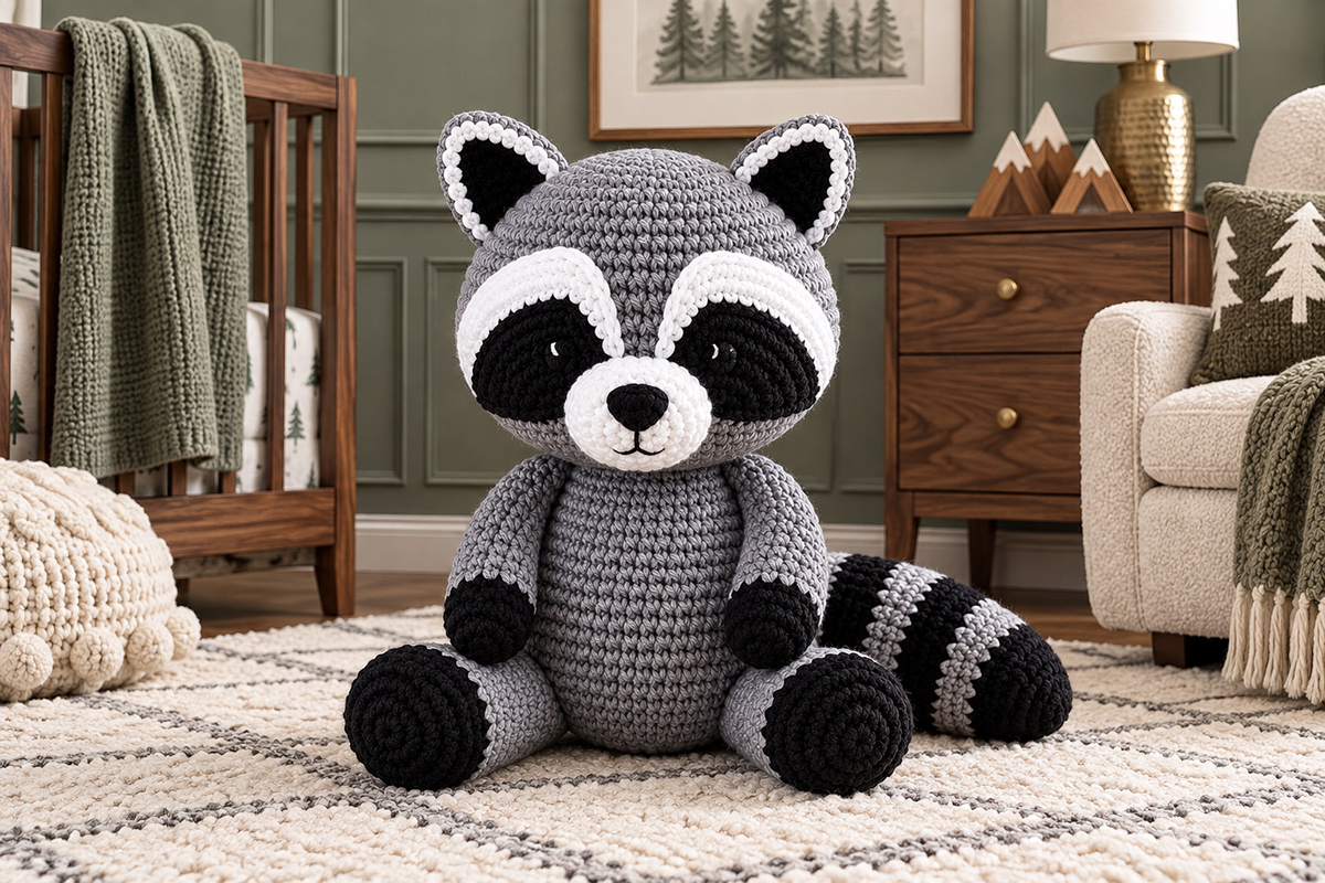 Crochet raccoon pattern with gray body, black mask face and striped tail for a woodland baby gift