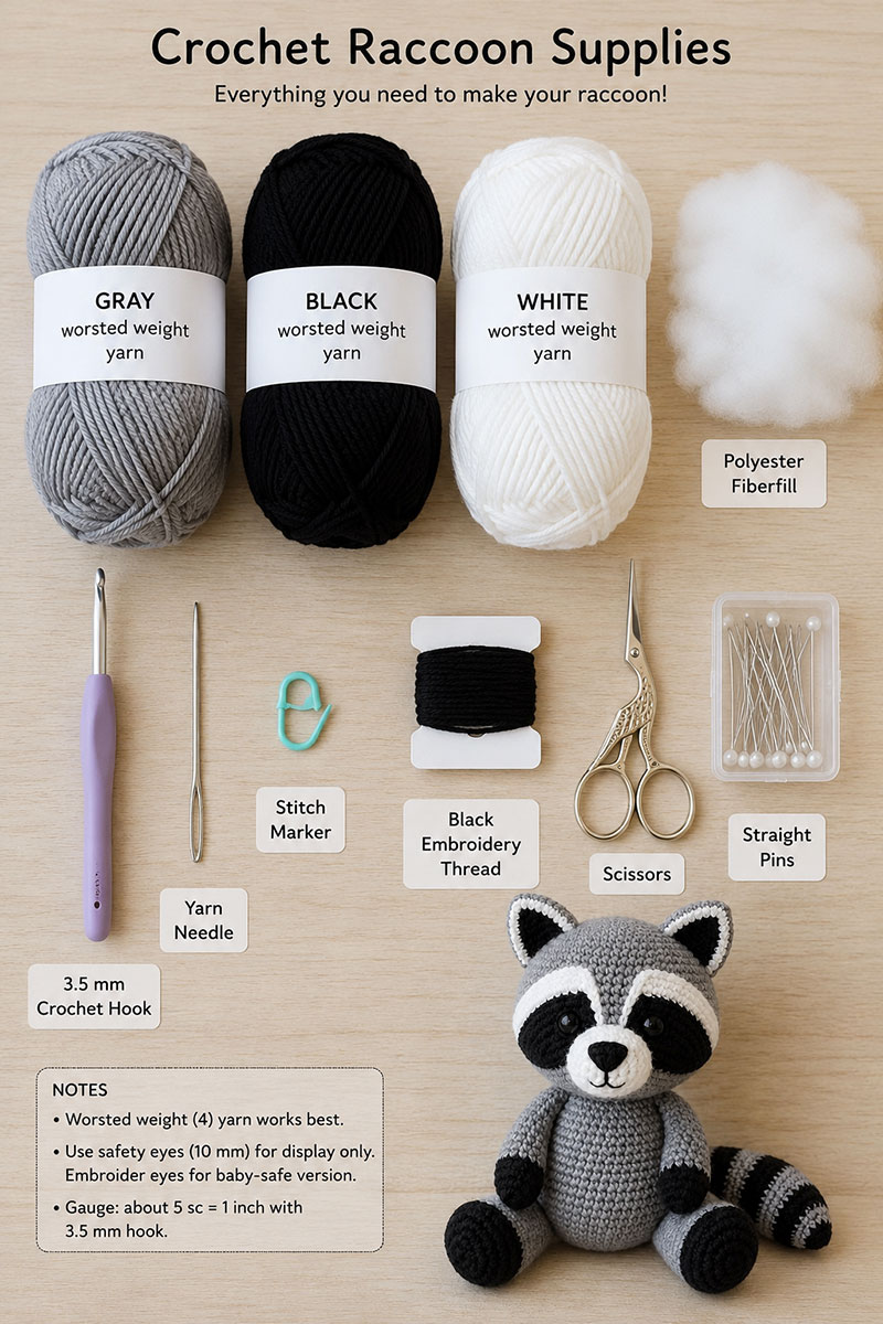 Gray black and white yarn with crochet hook and stuffing for a crochet raccoon pattern