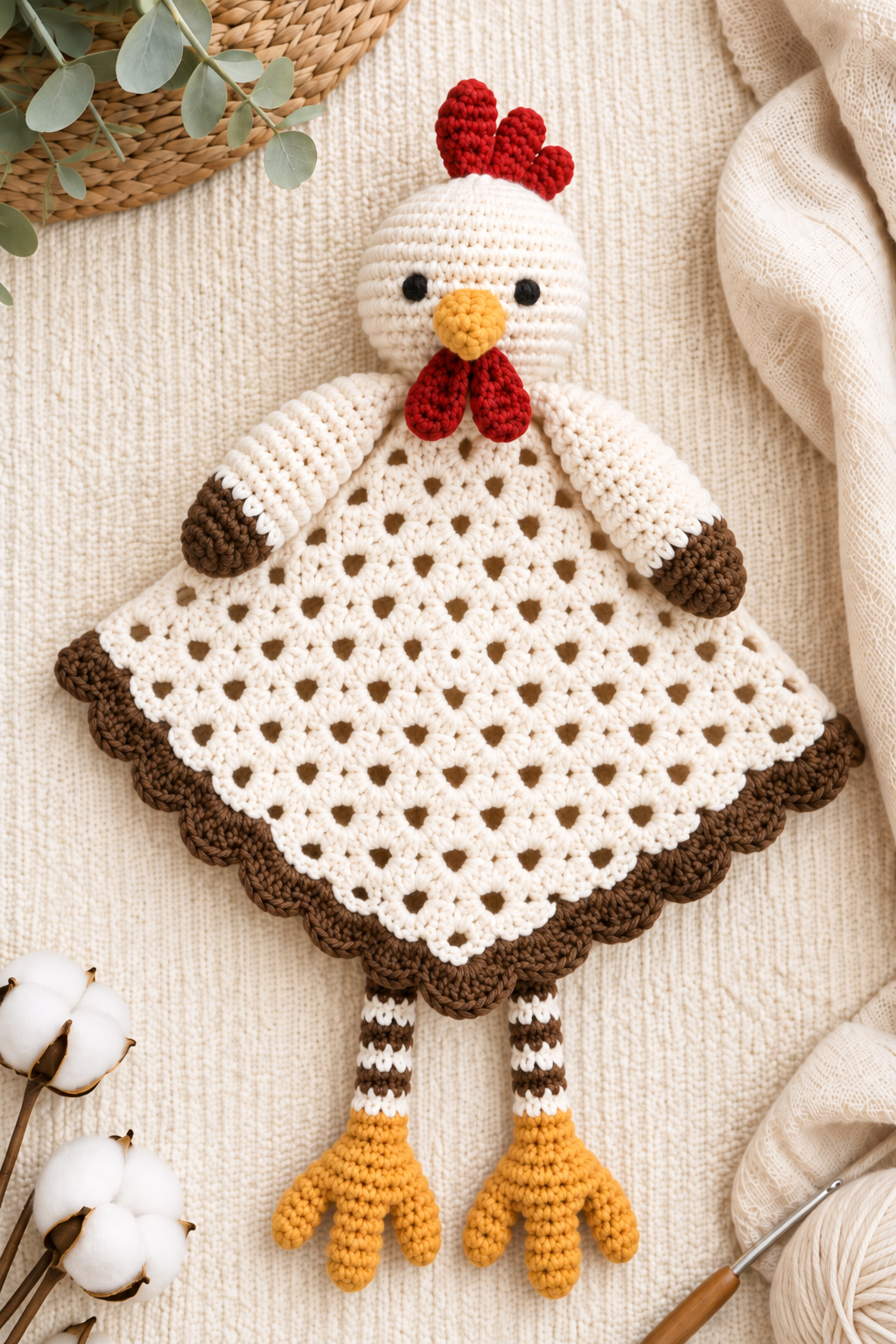Crochet rooster baby lovey with cream granny-square blanket, dark brown scalloped border, red comb and wattles, brown-tipped wings, striped legs, and yellow three-toed feet.