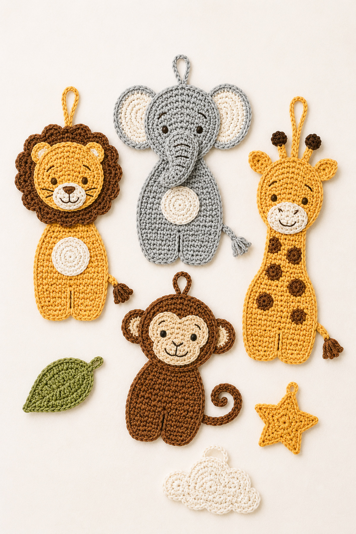Crochet safari animal mobile pattern with lion elephant giraffe and monkey for a handmade nursery