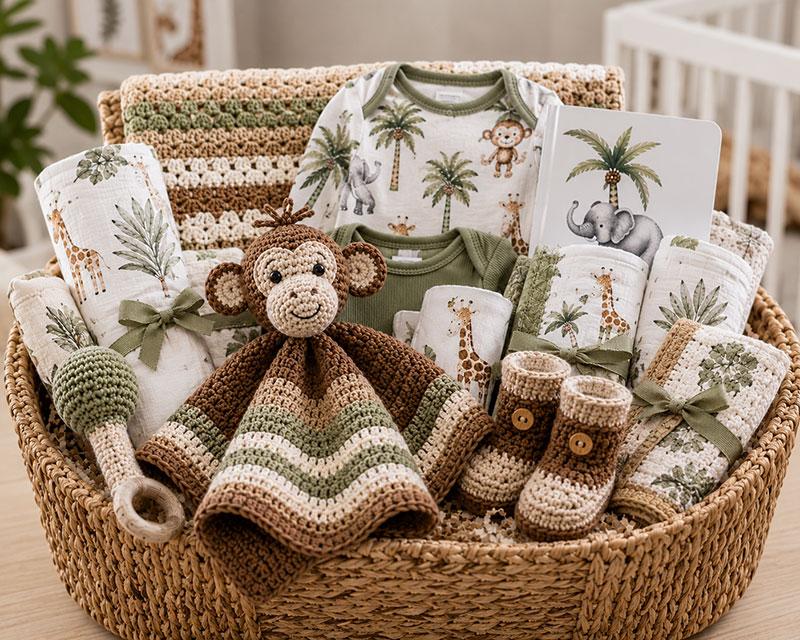 Crochet safari baby gifts with handmade jungle animal nursery pieces